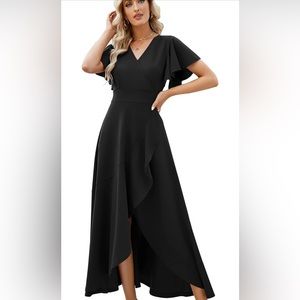 Long Black Formal Dress Cocktail Dress Split Elegant V Neck Wrap Ruffle